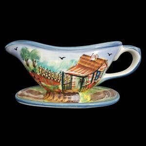 Hand Painted Ceramic Gravy Boat Underplate Farm Scene Country Cottage
